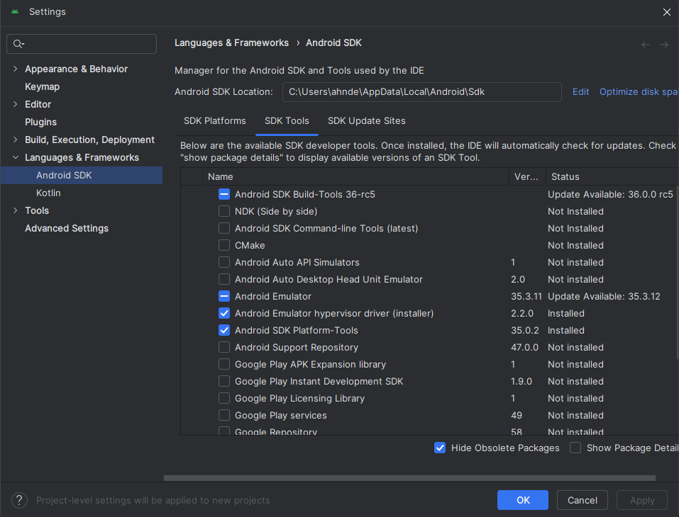 List of connected Android devices.