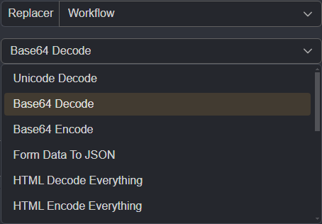 The drop-down menu encoding options.