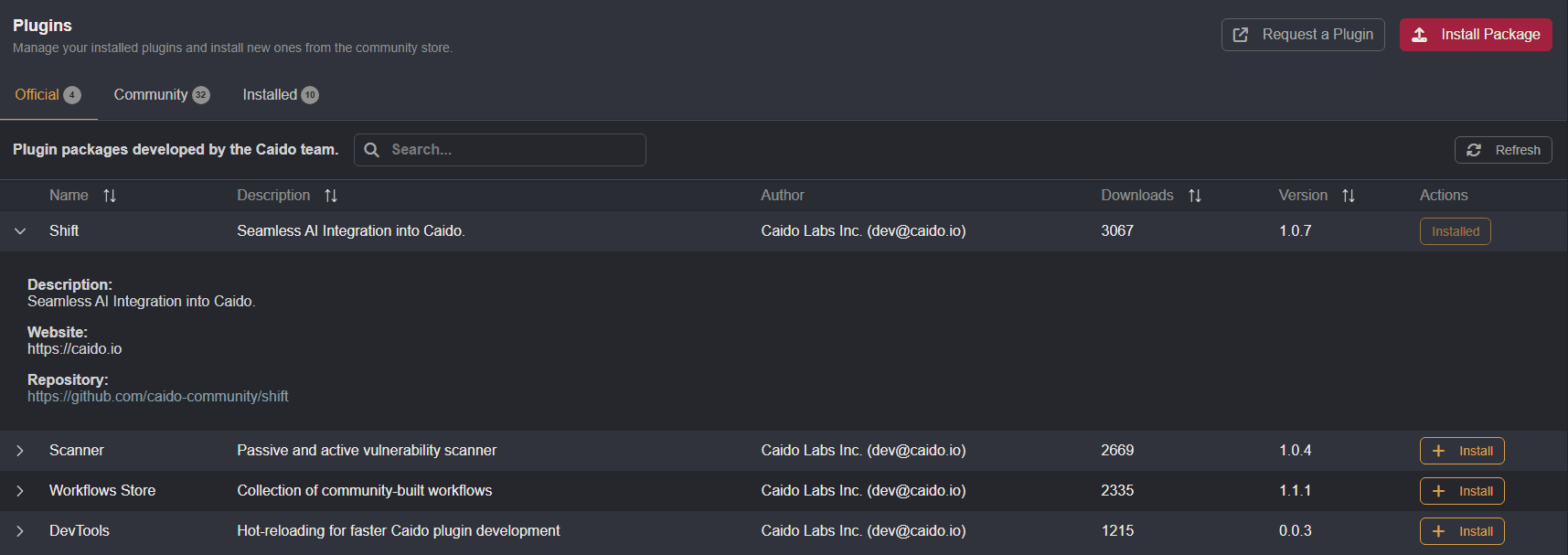 The Shift plugin listed in the Official tab.