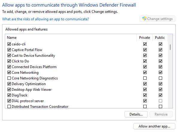 Windows Defender Firewall settings.